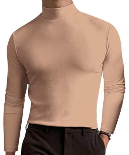 Camiseta De Manga Larga Ajustada con Cuello Alto para Hombre, Camisetas Térmicas Ligeras De Manga Larga con Cuello Alto, Blusa Lisa, Jersey, Camisas De Cuello Alto para Hombre (2XL,Caqui Claro)