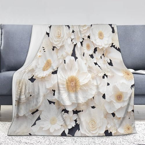 GSAEIMCT Wohn- & Kuscheldecken 3D-Blume Kuschelige weiche Flanelldecke mit Cartoon-Motiv, Weiße Blume, Bettüberwurf, Decke für Wohnzimmer, Couch, Sofa, Stuhl, 150x200cm