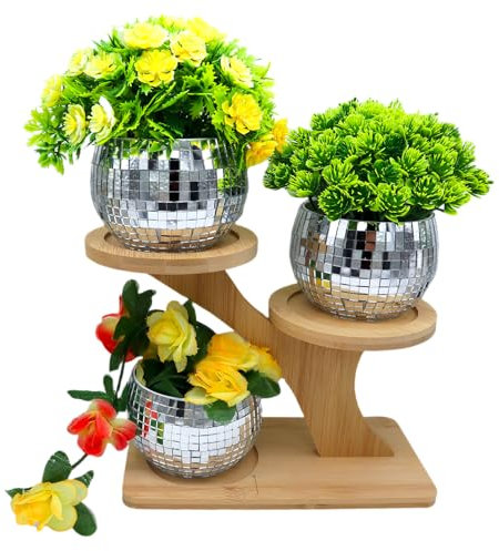 3 pcs Discokugel Blumentöpfe mit Bambus Pflanzenhalter,Discokugel übertopf,Discokugel Vase,Silber Spiegel Kugel Pflanztopf Töpfe Pflanzgefäß,Discokugel Deko Blumentopf für Pflanzen Kaktus Sukkulenten