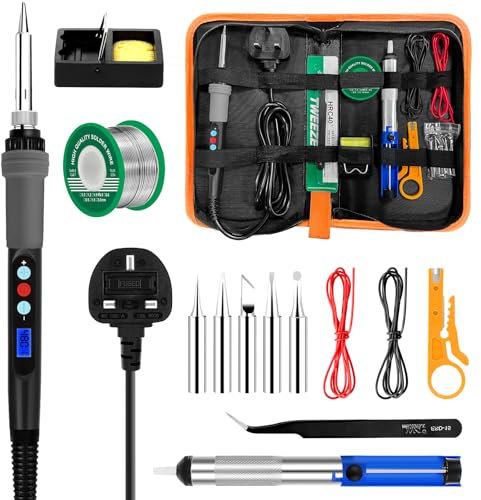 Soldering Iron Kit 90W LCD Adjustable Temperature 180-480°C, 16 in 1 Welding Tools with Switch 5 Soldering Tips, Solder Wire, Desoldering Pump, Wire Stripper Cutter, Stand, Tweezers, Tool Case