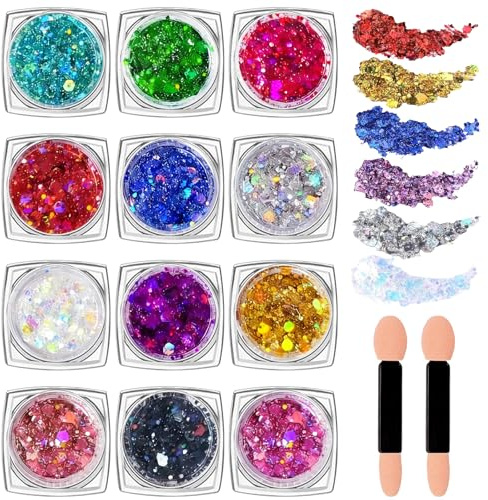 12 pièces Gel Paillettes Visage Corps,Gel Glitter corps, accessoires de festival, Maquillage Paillette Visage Enfant,accessoires pour Halloween, carnaval, paillettes corporelles