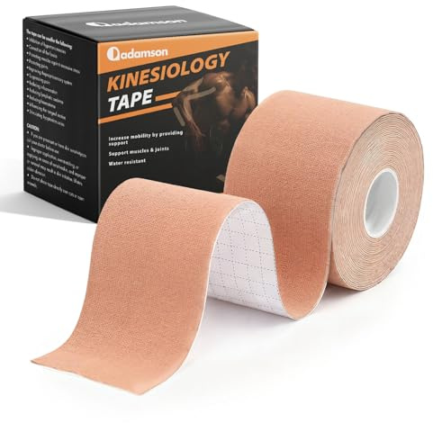 Adamson Bande de Kinésiologie – Strap Sport Élastique 5 cm x 5 m – Sans Latex, Résistante à l’Eau – Support Musculaire et Articulaire – 1 Rouleau Beige – Entraînement & Récupération