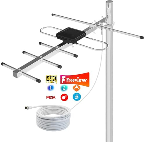 Antena TV Exterior 2026 Mejorada | Recepción 4K/1080P Largo Alcance, Señal Estable UHF/VHF, Resistente a Intemperie, Fácil Instalación en Tejado y Terraza, Cable Coaxial 8m