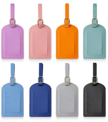 Lot de 8 Étiquettes de Bagage en PU Cuir, Étiquettes Valise Voyage, Porte Étiquette Valise Avion avec Carte pour Informations Personnelles, Idéal pour Sac de Voyage, Valises, Sacs à Dos