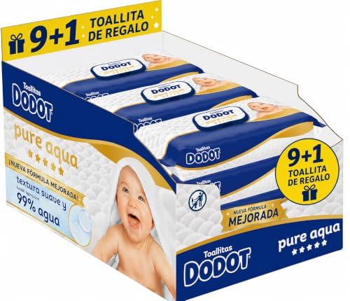 Dodot Pure Aqua Toallitas Bebé 9+1 Paquetes | 432 + 48 Toallitas GRATIS (480 Total) | Nueva Fórmula Mejorada | 99% Agua | Para Recién Nacidos y Piel Sensible