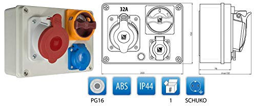 Schaltbarer Baustromverteiler 1 x CEE 32A + 1 x Schuko 230V/16A verdrahtet + Thermoschalter