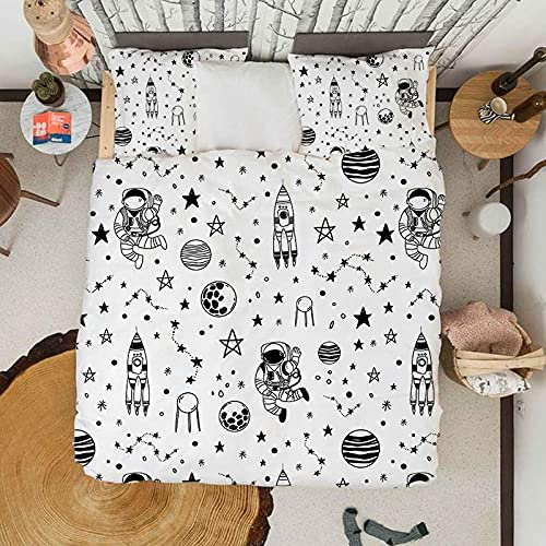 Funda Nordica Infantil 90 con Cremallera Planeta Astronauta En Blanco Y Negro, Juveniles Ropa de Cama 150x200 De Microfibra con 2 Fundas de Almohada