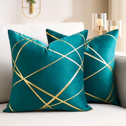 Uppsättning av 2 örngott i sammet 45 x 45 cm blå-grön brons geometriska dekorativa kuddar örngott soffkuddar dekorativa kuddar örngott dekorativa kuddar skydd för sovrum soffa säng