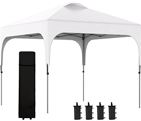 Outsunny 3 x 3(M) Pop Up Gazebo, UPF 50+ Foldable Canopy Tent with Wheeled Carrybag, 4 Leg Weight Bags, Height Adjustable Marquee Shelter 1 person easy setup for Outdoor Garden Patio Party, White