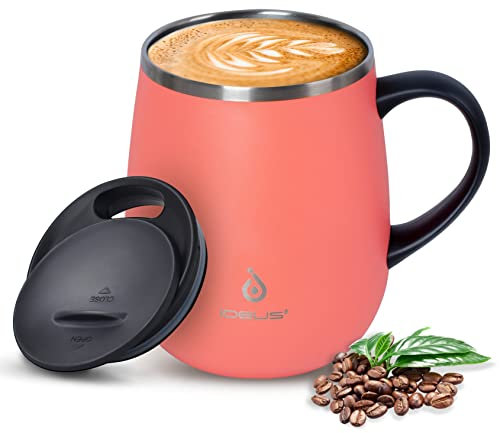 Ideus 16oz Insulated Coffee Mug with Handle & Lid (Pink, Fuji Dawn)