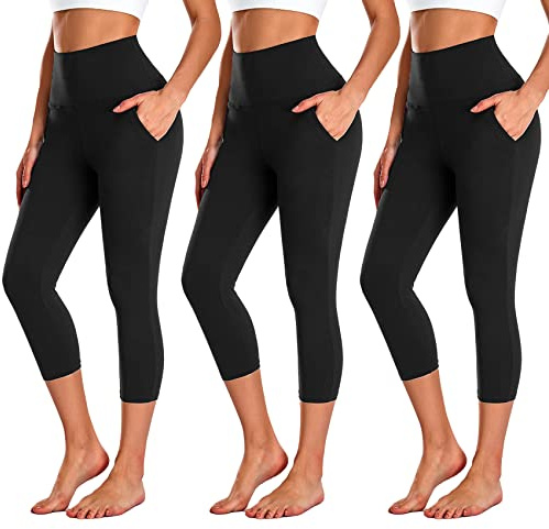 NEW YOUNG 3 Pack Capri Leggings for Women with Pockets-High Waisted Tummy Control Workout Gym Yoga Pants