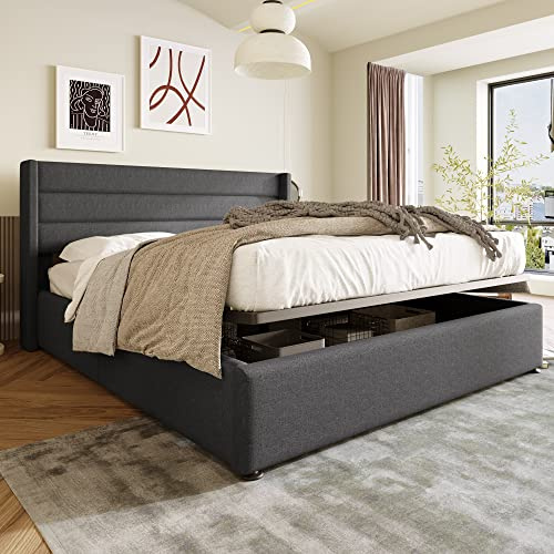 Merax Lit double rembourré 180 x 200 cm, hydraulique, avec sommier à lattes et coffre de lit, lit de rangement avec tête de lit haute, cadre en métal, lin, pour adultes et adolescents, sans matelas