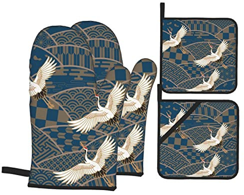 Manoplas Y Agarraderas para Horno, Tres Grullas Múltiples Japón Juegos De Guantes De Horno Juego De Manoplas Y Soportes para Ollas Reutilizables Guantes De Barbacoa, para Cocinar, Hornear