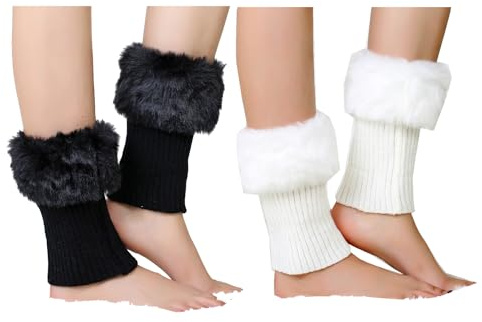ILUFAM 2 Pairs Women Faux Fur Trim Boot Cuff Socks Winter Knitted Furry Top Cover Leg Warmers (Black+White)