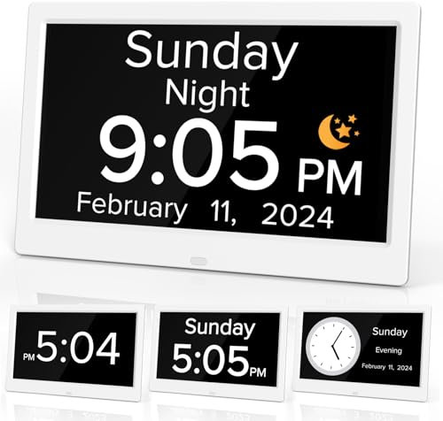 SPACWIS Sveglia digitale con calendario da 25,4 cm, grande display per demenza, giorno e data, DST e telecomando, orologi regalo per anziani, Alzheimer e ipovedenti (bianco).