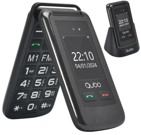 Qubo Flip Handy für Senioren GSM, Handy für Senioren, 2,4 Display, hohe Lautstärke, SOS-Funktion, Dual-SIM-Unterstützung, Schnellwahl, FM-Radio, Taschenlampe, Ladestation, Schwarz