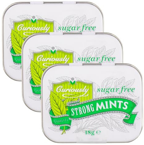 Set of 3 x 18g Curiously Strong Mints in Tins, Sugar Free, Peppermint Flavour with Sweeteners