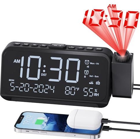 Roxicosly Loud Alarm Clocks with 350° Rotatable Projector, Projection Clock Radio with Weekend Weekday Mode, Dual Alarms, 5 level Brightness, 7 Volumes, Temp, Date, Battery Backup for Heavy Sleepers