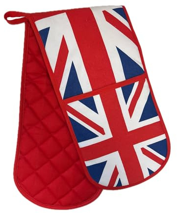 SAJAK Union Jack Double Oven Gloves Heat Resistant 100% Cotton Gift | Union Jack Double Oven Glove, 65 X 18cm 100% Cotton with Hanging Loop - Heat Resistant British Kitchen Gift