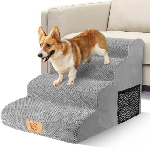 MASTERTOP Hundetreppe 4 Stufen, Hunderampe für Sofa aus Hochdichtem Schaumstoff, Haustiertreppe mit Waschbarem Plüschbezug und Rutschfestem Boden für Große/Kleine Katzen und Hunde, Grau