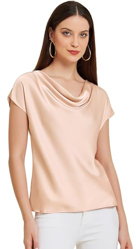 Allegra K Haut en Satin Femme avec Col Bénitier Chemisier Élégant Décontracté Blouse Manches Courtes de Bureau Rose S