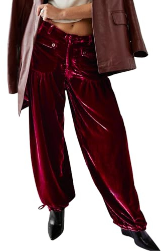 Womens Elastic Waist Cargo Velvet Trousers Casual Mid Waist Velvet Jogger Ankle Tie Balloon Pants Red