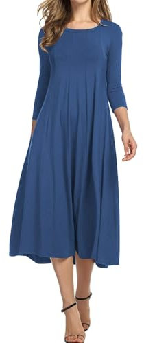 HOTOUCH Dresses for Women UK Elegant Tunic Dress Round Neck Casual Dresses 3/4 Sleeve A Line Dresses Classic Midi Dress with Pockets Blue XXL