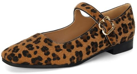 DOEYG Rhinestone Mary Jane Flats for Women Sparkly Ballet Flats with Buckle Strap Square Toe Embellished Mary Jane Shoes Comfy Casual Studded Ballerina Shoes, Leopard, 5 UK