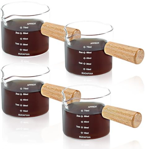 4 Piezas Tazas Medidoras de Vidrio Expreso con Mango de Madera, Taza de Espresso de Doble Pico con Doble Graduación, Vaso de Chupito de Espresso Taza de Café de Vidrio Expreso para Café, Leche
