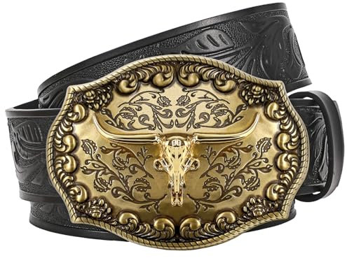 JasGood Western Leder Cowboy Gürtel für Herren Damen Longhorn Schnalle Cowgirl Gürtel Floral gravierte geprägte Vintage Unisex Gürtel für Jeans