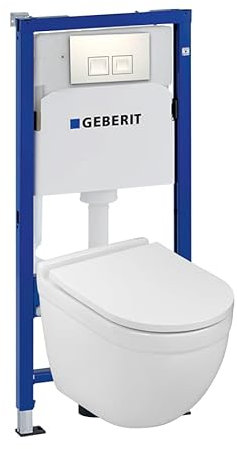 Lavita Duofix Basic Vorwandelement + Lavita Wand Tiefspül WC Dalia Weiß Spülrandlos + WC Sitz mit Absenkautomatik + Bedienplatte Delta 25 Weißer Knopf Komplettset Unterputz Spülkasten Toilette WC