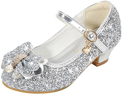 Luckywaqng paljettskor flickor högklackade skor barn glitter latin dansskor läder låg klack glitterskor klackskor eleganta barnskor med klack halkfria mjuka sulor, GRÅ, 30 EU