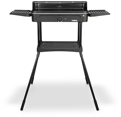 Tower T14054 Standing Outdoor/Indoor Electric BBQ Grill, Temperature Controls, Stainless Steel, Easy Clean, Non-Stick Plate, 2200W, Black