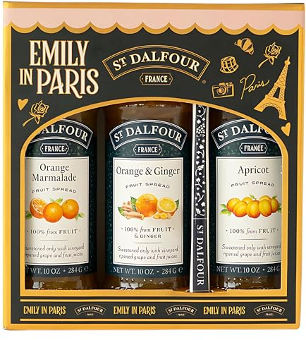 St. Dalfour Coffret Confiture – Édition Emily in Paris – 100% fruits, sans sucre ajouté, sans gluten – 3x284g (Fraise/Framboise/Cerise Noire) avec cuillère (Orange, Orange-Gingembre, Abricot)