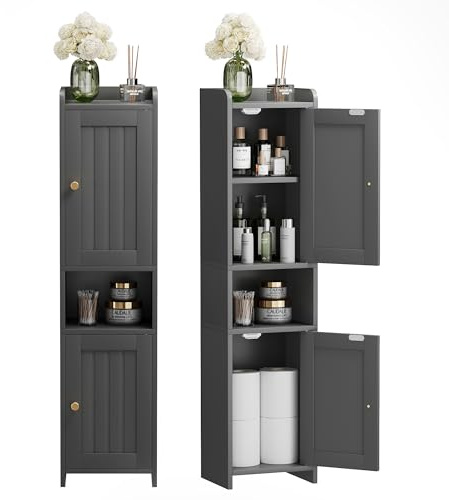 GLANZALANT Bathroom Cabinet with 2 Doors, 7.3 x 9.8 x 40.4 Inches, Small Freestanding Storage Cabinet with Adjustable Shelf, Floor Cabinet for Small Spaces, Bathroom, Entrances, Kitchen, Black