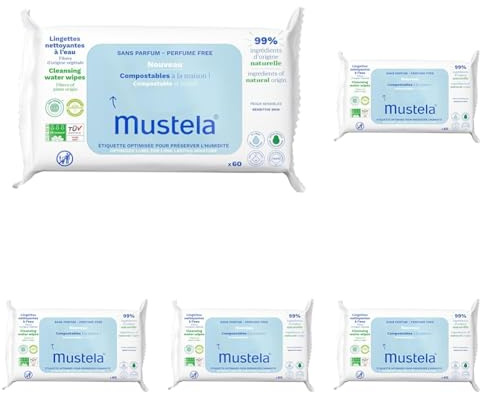 Mustela Toallitas para el Cambio de Pañal Compostables sin Perfume, 100% Fibras Lyocell de Origen Vegetal, Cuerpo y Maquillaje, Bebé y Toda la Familia - 99,7% Ingredientes de Origen Natural (60 uds.)