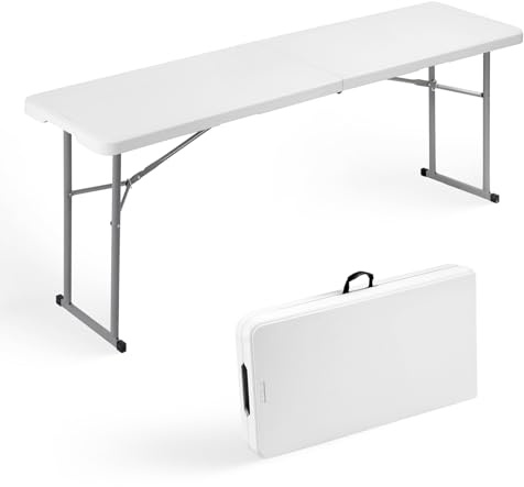 Byliable Folding Table 6FT Narrow Portable Foldable Plastic Heavy Duty Long Table, Fold-in-Half with Carrying Handle for Indoor Outdoor Meeting, Buffet, Party, Wedding, Home Work, 6 Foot, White