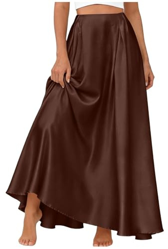 GMQWRK Jupes longues en satin pour femme - Élégantes et soyeuses avec poches et dos - Taille élastique - Légère - Jupe trapèze fluide - Taille haute - Jupe évasée - Tenue décontractée