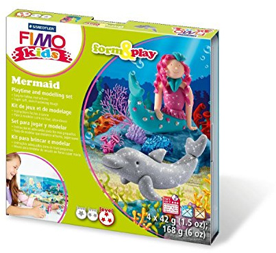 Staedtler 8034 12 LY Fimo Kids Shape & Play Set Mermaid (Super Soft, Oven Hardening Clay, Easy Instructions, Resealable Box, Set of 4 Fimo Blocks, 1 Modelling Stick and 1 Play Backdrop)