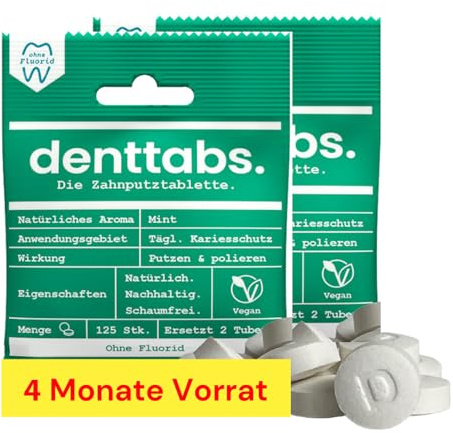 Denttabs tandborsttabletter det fullvärdiga alternativet till tandkräm, 2 x 125 st. för 4 månader Mint fluoridfri – VEGAN plastfri utan konserveringsmedel. I original denttabs komposterbara påsar