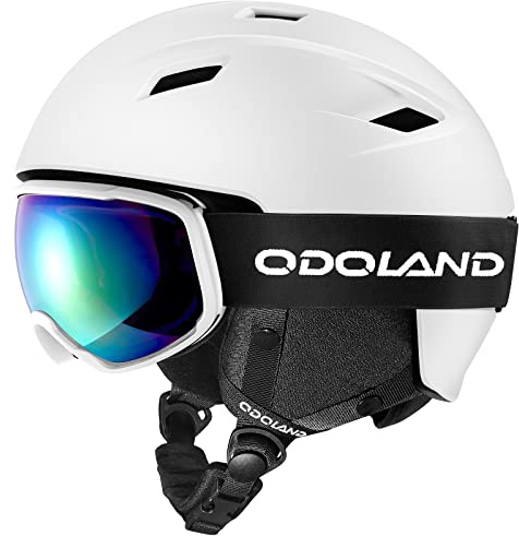 Odoland Kit di Casco Sci con Maschera Sci, Casco Snowboard per Uomo Donna Adolescenti, Casco Ski Regolabile e Occhiali Sci UV400 Proteczione, per Sport Invernali All'aperto, Bianco, M