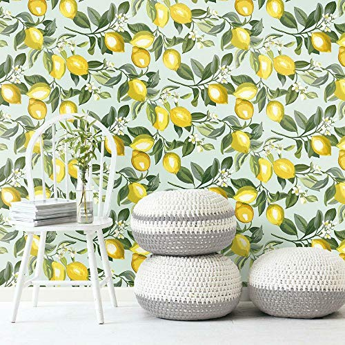 RoomMates Lemon Zest Yellow and Teal Peel and Stick Wallpaper, Vinyl, 20.5-in x 16.5-ft, Made in USA