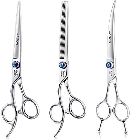 JASON Set di forbici per toelettatura per cani da 17,8 cm, 3 in 1, con impugnatura offset e vite gioiello