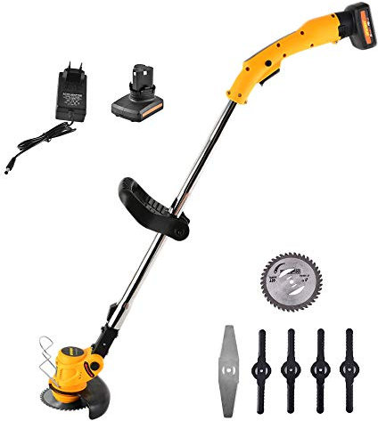 Cortacésped Inalámbrico 26V Cortacésped sin Cable, 92-122cm Longitud ajustable, 180° Ángulo ajustable Motor Cabezal, Lncluir Batería, Cargador, 1×Acero Cuchilla, 1 × hoja sierra, 4×Cuchilla PVC