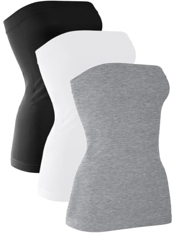 H HIAMIGOS 3 Pack Women's Strapless Cotton Long Tupe Top Sleeveless Stretchy Cute Bandeau Tops Non Padded Black/White/Grey X-Large
