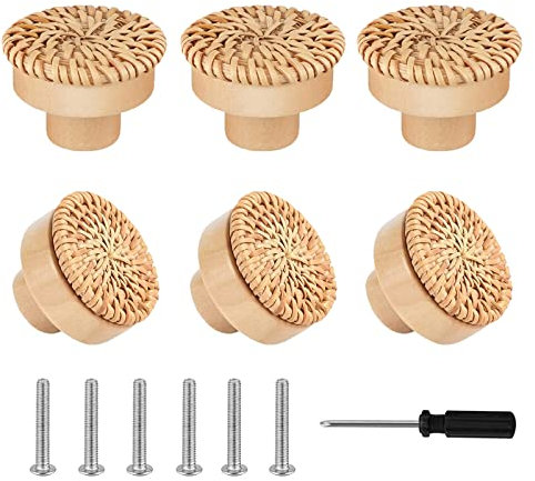 YUE QIN 6 Stück Rattan Möbelknöpfe Schrankknöpfe Boho Deko Schränke Holz Kommodenknöpfe Schubladenknöpfe Ideal für Schrank, Schubladen, Wohnzimmer, Küche