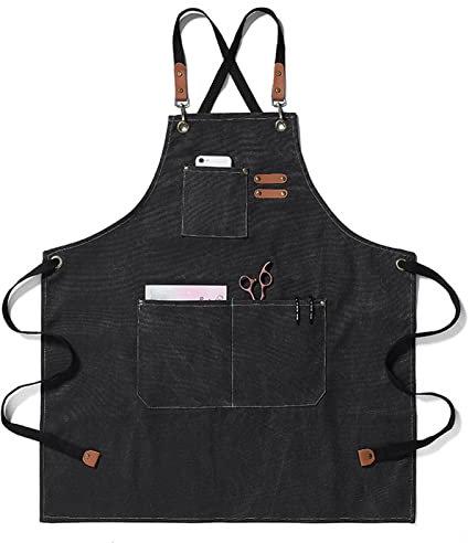 Kochschürze Herren Canvas,Arbeitsschürze Denim Schürze mit 3 Werkzeugtaschen mit Verstellbaren Cross Back Ledergurte Anti-Fouling Grillschürze für Barber Painter Handwerker Gärtner