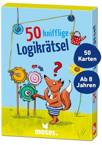 Moses 50 knepiga logikpussel – roligt pussel med tankesportuppgifter för barn från 8 år, 50 kort fulla av pusselbitar för smarta barn