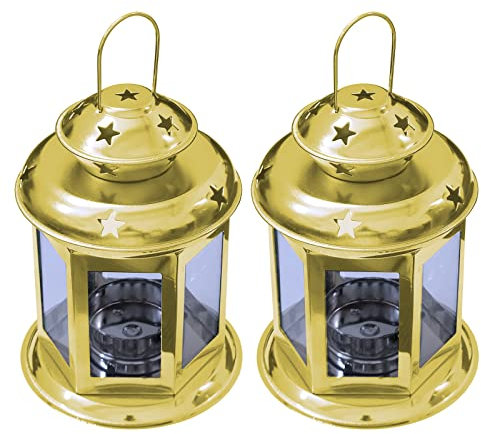 Pair of European Design Antique Glass Hanging Candle Lanterns with Stars Metal Frame Candlestick Holder Night Lamp, Romantic Xmas Wedding Party Decoration Original Package (Gold)