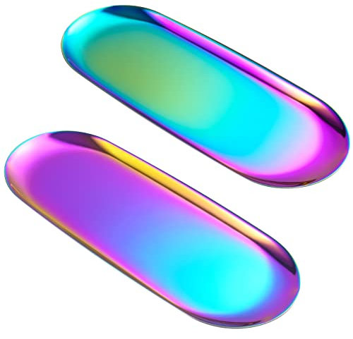 Grand Plateau Ovale Arc-en-Ciel en Acier Inoxydable – Finition Miroir, Revêtement sous Vide Durable – Rangement et Décoration pour Bijoux, Maquillage, Cosmétiques, Salon, Entrée, Salle de Bain